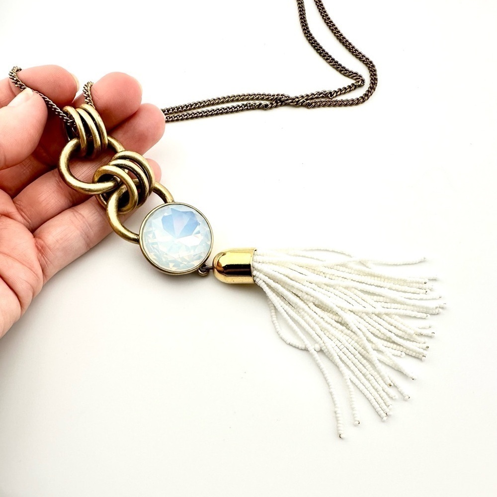 J Crew Necklace, Long Gold Tone and White Tassel Pendant with Iridescent Stone - Picture 7 of 8